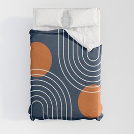 Mid Century Modern Geometric 83 in Navy Blue and Orange (Rainbow and Sun Abstraction) Duvet Cover