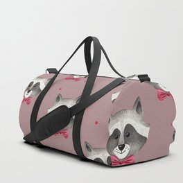 Cute Raccoon and Red Polka Dots on Cacao Brown Duffle Bag