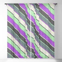 [ Thumbnail: Vibrant Light Green, Dark Slate Gray, Dark Violet, Beige, and Black Colored Lined/Striped Pattern Sheer Curtain ]