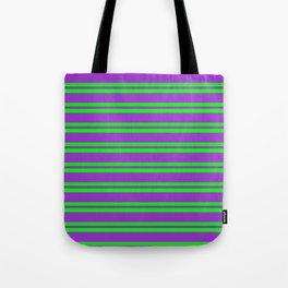 [ Thumbnail: Lime & Dark Orchid Colored Stripes Pattern Tote Bag ]
