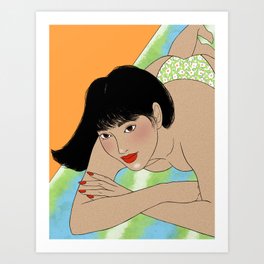 Beach Sunbathing Time Art Print | Curated, Bikini, Retro, Beachtowel, Digital, Redlips, Asianart, Bob, Sunny, Tanning 