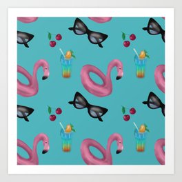 Bright summer pattern with inflatable flamingo circle, sunglasses and cocktail Art Print