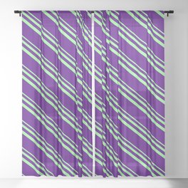 [ Thumbnail: Green and Indigo Colored Lined/Striped Pattern Sheer Curtain ]