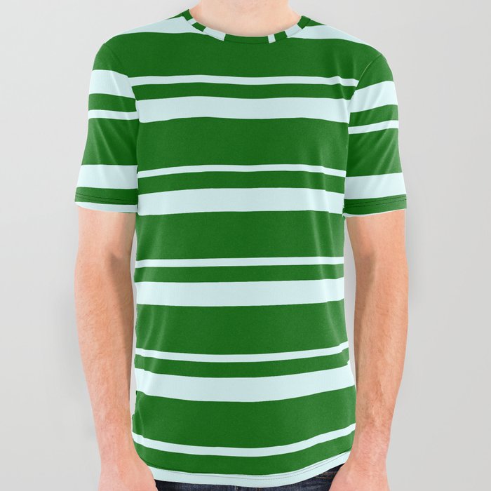 Light Cyan and Dark Green Colored Lined/Striped Pattern All Over Graphic Tee