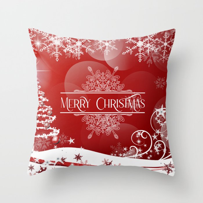 Merry Christmas, Christmas Tree, Snowflakes, Flowers and Stars on Red Throw Pillow