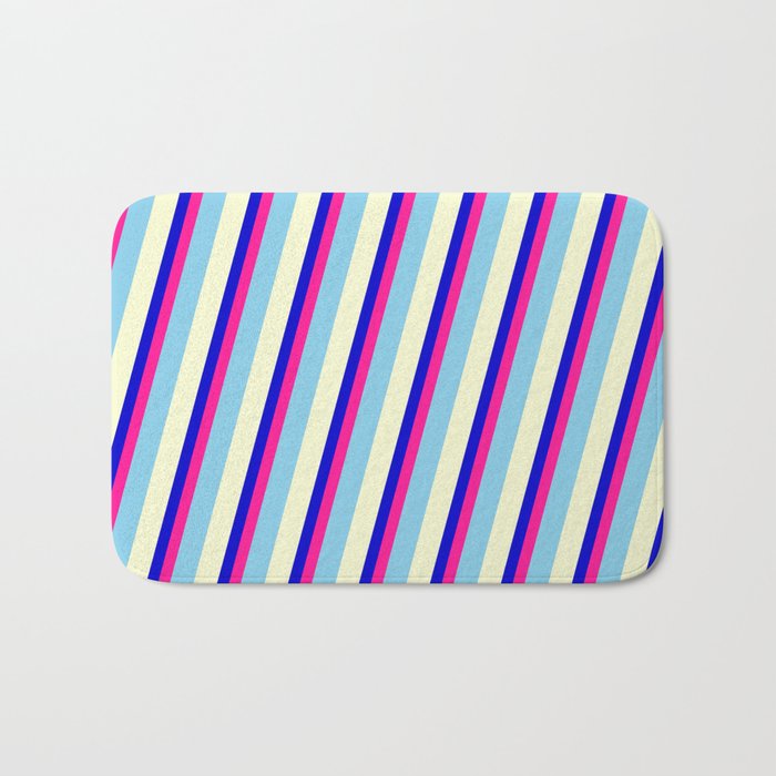 Blue, Deep Pink, Sky Blue, and Light Yellow Colored Stripes/Lines Pattern Bath Mat