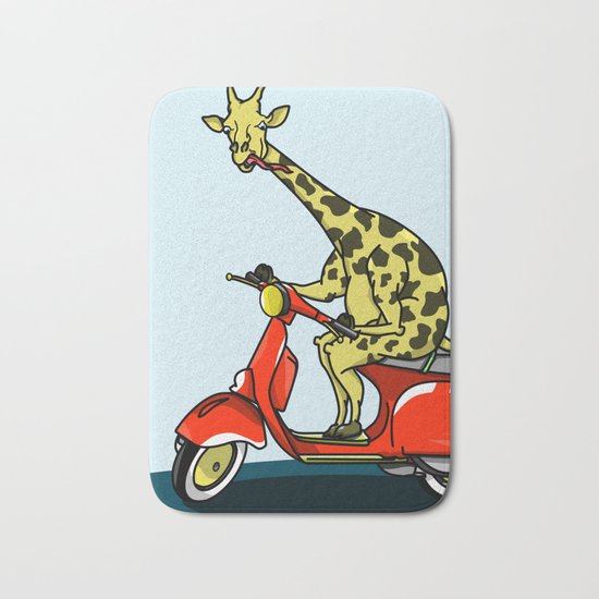 Giraffe riding a moped Bath Mat