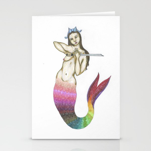 badass mermaid with a sword and a bow in her hair Stationery Cards