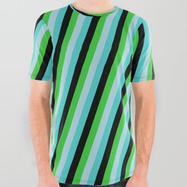 [ Thumbnail: Turquoise, Black, Lime Green, and Light Blue Colored Lines/Stripes Pattern All Over Graphic Tee ]