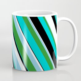 [ Thumbnail: Eye-catching Mint Cream, Sky Blue, Forest Green, Dark Turquoise & Black Colored Pattern of Stripes Coffee Mug ]