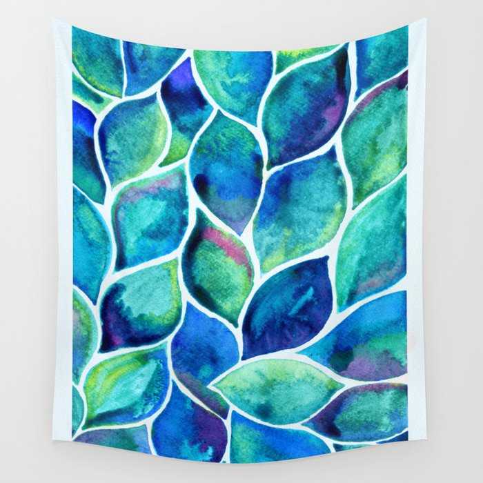 Blue-green Watercolor Leaves Wall Tapestry