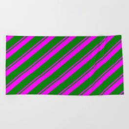 [ Thumbnail: Fuchsia & Green Colored Striped Pattern Beach Towel ]