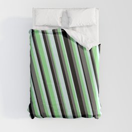 [ Thumbnail: Dim Grey, Black, Light Cyan, and Light Green Colored Striped Pattern Duvet Cover ]