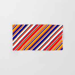 [ Thumbnail: White, Dark Blue, Orange & Red Colored Stripes/Lines Pattern Hand & Bath Towel ]