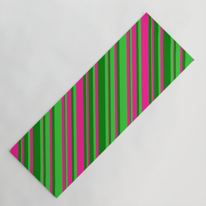 Deep Pink, Green & Lime Green Colored Lines Pattern Yoga Mat