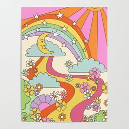 retro hippie boho print  Poster | Trippy, Vintage, Psychodelic, Lsd, Hippies, Graphicdesign, Curated, Floral, Moon, 60S 