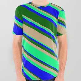 [ Thumbnail: Tan, Green, Blue, and Dark Green Colored Lines/Stripes Pattern All Over Graphic Tee ]