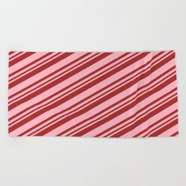 [ Thumbnail: Brown and Light Pink Colored Stripes/Lines Pattern Beach Towel ]