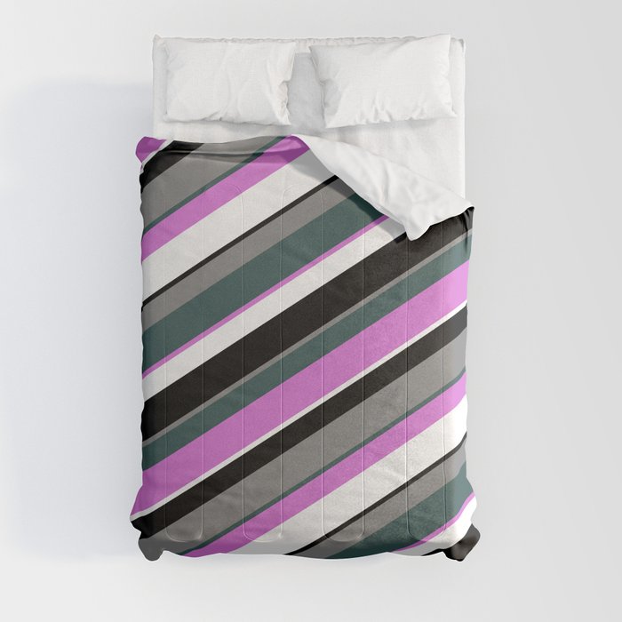 Eye-catching Grey, Dark Slate Gray, Orchid, White, and Black Colored Stripes Pattern Comforter