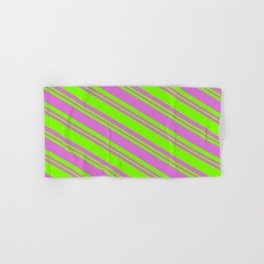 [ Thumbnail: Orchid & Green Colored Striped/Lined Pattern Hand & Bath Towel ]