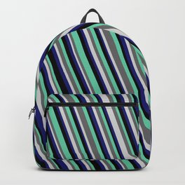[ Thumbnail: Light Grey, Midnight Blue, Black, Aquamarine & Dim Grey Colored Lined/Striped Pattern Backpack ]