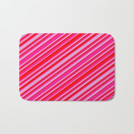 [ Thumbnail: Plum, Red & Deep Pink Colored Lined/Striped Pattern Bath Mat ]