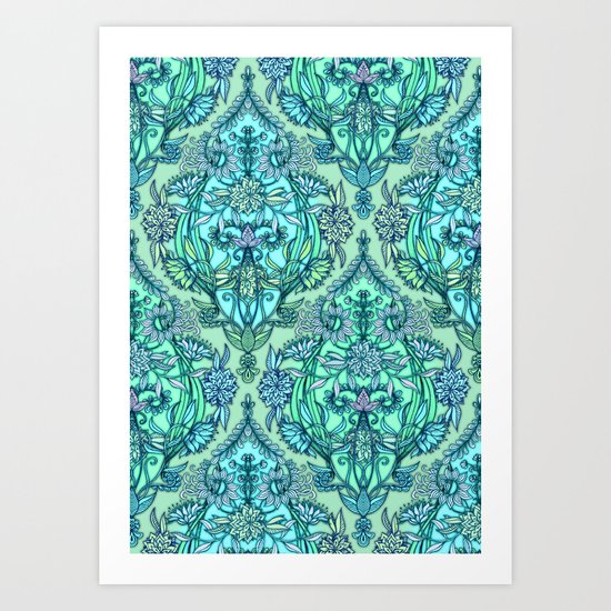 Botanical Moroccan Doodle Pattern in Mint Green, Lilac & Aqua Art Print