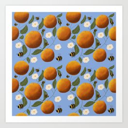 Oranges, Flowers and Bumblebees on blue Art Print