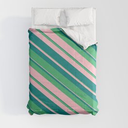 [ Thumbnail: Sea Green, Pink, and Teal Colored Stripes/Lines Pattern Comforter ]