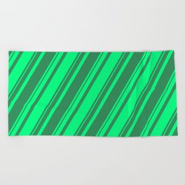 [ Thumbnail: Green & Sea Green Colored Striped Pattern Beach Towel ]