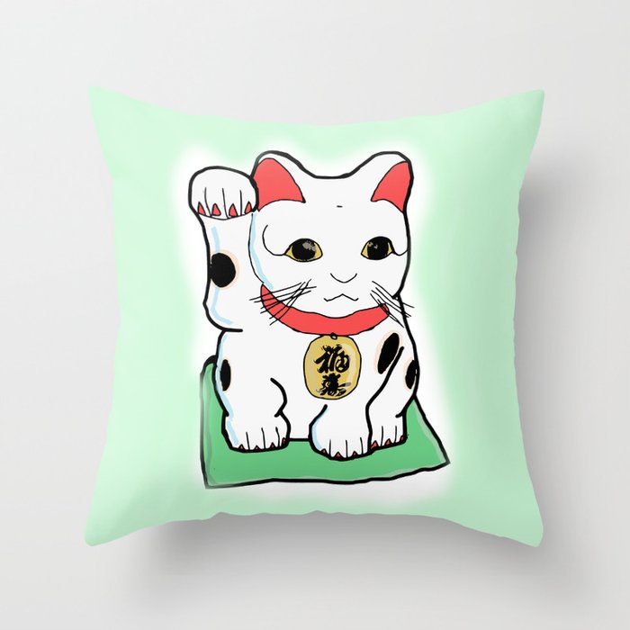 Green Japanese  Lucky Cat Maneki Neko Throw Pillow