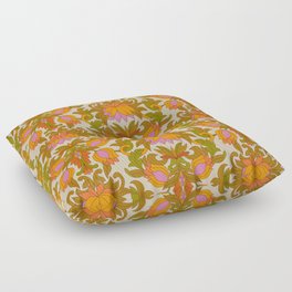 Orange, Pink Flowers and Green Leaves 1960s Retro Vintage Pattern Floor Pillow