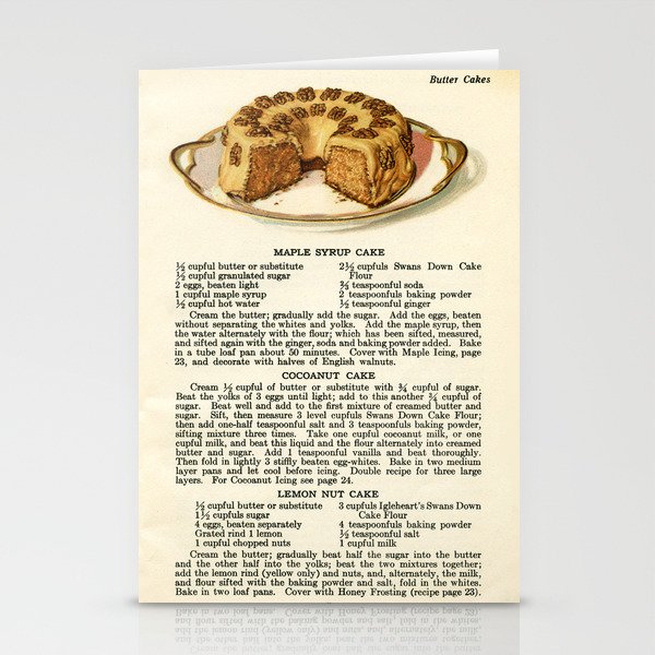 Vintage Recipe Maple Syrup Cake and Illustration Stationery Cards