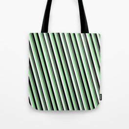 [ Thumbnail: Dim Gray, Light Green, Mint Cream & Black Colored Stripes Pattern Tote Bag ]