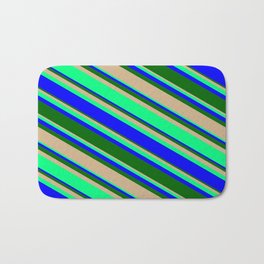 [ Thumbnail: Tan, Green, Blue, and Dark Green Colored Lines/Stripes Pattern Bath Mat ]