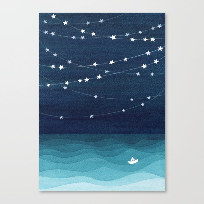 Garlands of stars, watercolor teal ocean Canvas Print