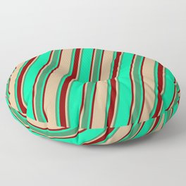 [ Thumbnail: Green, Maroon, Tan & Sea Green Colored Lined/Striped Pattern Floor Pillow ]