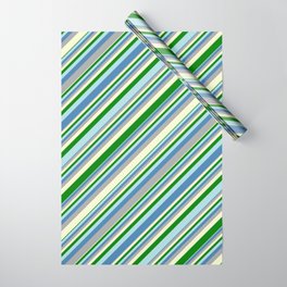 [ Thumbnail: Eye-catching Blue, Dark Gray, Light Yellow, Green, and Powder Blue Colored Lined Pattern Wrapping Paper ]