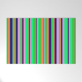 [ Thumbnail: Vibrant Lime Green, Coral, Midnight Blue, Plum, and Green Colored Lines/Stripes Pattern Welcome Mat ]