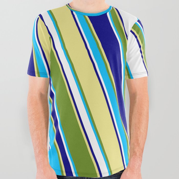 Eyecatching Green, Deep Sky Blue, White, Blue, and Tan Colored Stripes/Lines Pattern All Over Graphic Tee