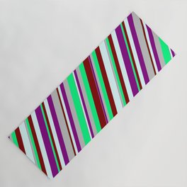 [ Thumbnail: Vibrant Green, Maroon, Light Cyan, Purple, and Grey Colored Lines Pattern Yoga Mat ]