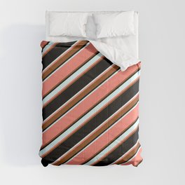 [ Thumbnail: Salmon, Brown, Black & Light Cyan Colored Pattern of Stripes Comforter ]