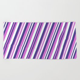 [ Thumbnail: Dark Slate Blue, Orchid, and Mint Cream Colored Pattern of Stripes Beach Towel ]