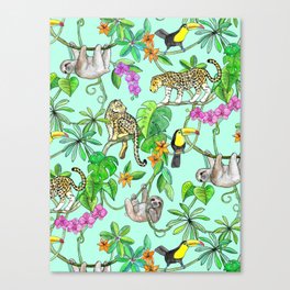 Rainforest Friends - watercolor animals on mint green Canvas Print