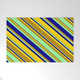 [ Thumbnail: Yellow, Dark Goldenrod, Green & Dark Blue Colored Lined/Striped Pattern Welcome Mat ]