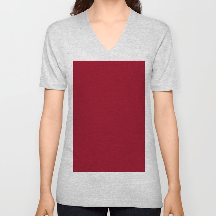 Carmine Red Solid Color V Neck T Shirt