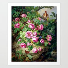Large Decorative Still Life with Roses Butterflies and Bird ,Großes Rosenstillleben mit Schmetterlingen und Vogel Josef Lauer Art Print