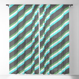 [ Thumbnail: Forest Green, Mint Cream, Cyan & Black Colored Striped Pattern Sheer Curtain ]