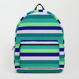 [ Thumbnail: Colorful Light Sea Green, Light Green, Dark Blue, Lavender, and Teal Colored Stripes/Lines Pattern Backpack ]