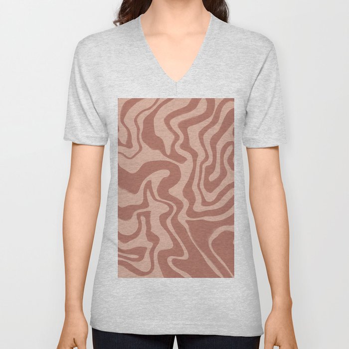 Neutral Earthy Terracotta Liquid Swirl  V Neck T Shirt